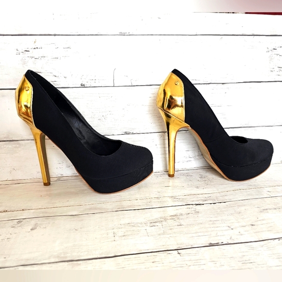 Colin Stuart Stunning Black & Gold High Heels Shoes Dressy Formal Size 8.5B - Picture 3 of 11
